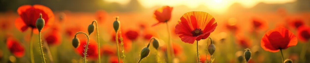 Vibrant red poppies bathed in warm sunlight, a field ablaze with color on a bright summer's day Perfect for illustrating summer, heat, energy, or vibrant themes , texture, sunny, heat