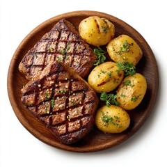 Grilled steak with roasted potatoes on a wooden plate (2)