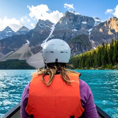 Girl facing lake & snowy mountains.  Wearing helmet & orange vest in canoe. Pine trees & clear blue sky complete the idyllic scene