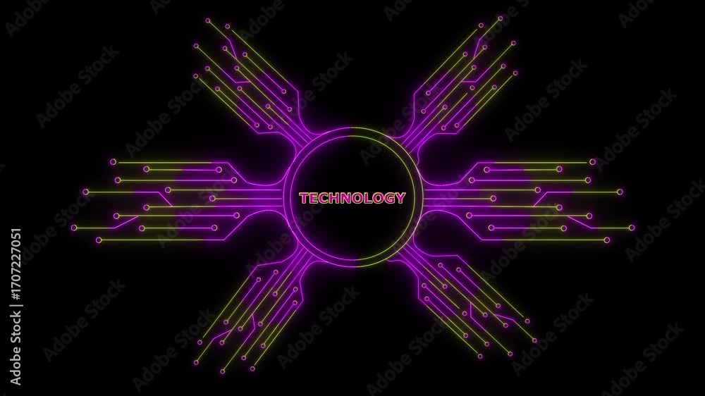 Aufkleber glowing neon hud-style circle with circuit board lines, and the center text says 