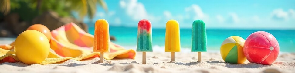 Melting Popsicles on Sunny Beach Vibrant Summer Scene with Beach Balls and Towels