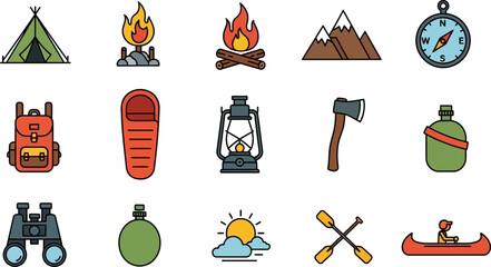 Collection of colorful flat icons representing outdoor adventure and camping gear.