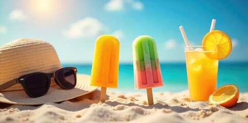 Vibrant summer scene featuring bright, colorful popsicles melting in the sun, a refreshing beach vibe with sunglasses and a straw hat, and a cool drink , ice, candy, colorful