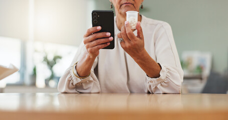 Hands, woman or search pills with phone in home for prescription, side effects or medication benefits. Person, mobile app or reading tablet label in house for dosage instruction or online ingredients
