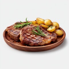Grilled steak with roasted potatoes.  Two grilled steak slices rest on a wooden plate alongside a generous portion of roasted baby potatoes. Fresh rosemary sprigs garnish the steaks
