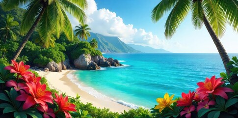 Vibrant tropical island paradise with lush foliage and bright, colorful flowers  Perfect for travel, vacation, and summer themes  Stunning scenery, idyllic getaway ,  red,  sun,  leaves