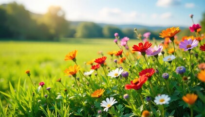 Vibrant wildflowers burst forth along a sunny field edge, a delightful display of natural border beauty Perfect for nature, spring, summer, and environmental themes , vibrant colors, field, petal