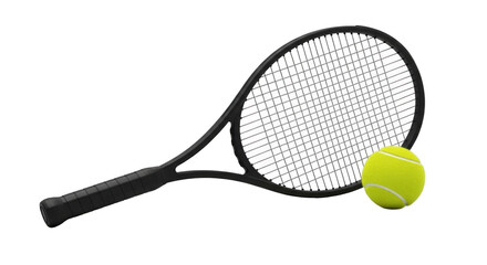 A sleek black tennis racket and bright yellow tennis ball isolated on transparent background