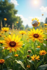 Vibrant wildflowers and sunflowers bask in the warm sunlight, creating a breathtaking summer meadow scene  Perfect for nature, summer, and floral themes ,  wild,  rural