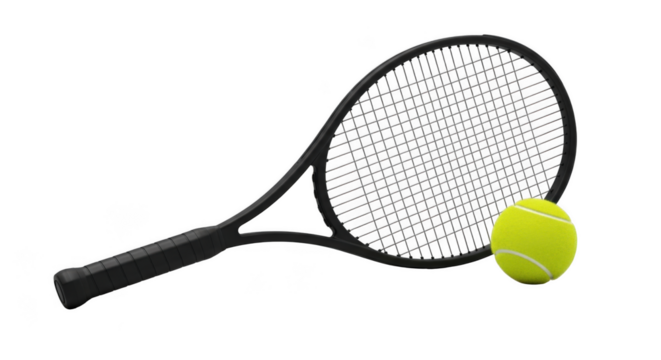 A sleek black tennis racket and bright yellow tennis ball isolated on transparent background