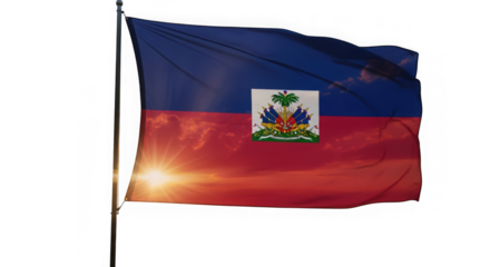 Haitian flag waving in the wind against a sunset sky isolated on transparent background
