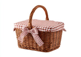 Rectangular wicker picnic basket with a red and white checkered cloth lid and a ribbon bow