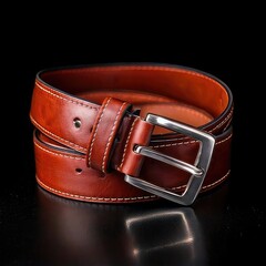 Brown leather belt, stitched edges, and metal buckle, against black background
