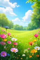Vibrant wildflowers bloom in a lush green meadow under a bright spring sky Perfect for nature, spring, Easter, and renewal themes , macro, field, fresh