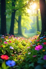 Vibrant wildflowers bloom in a lush forest, sunlight dappling through the leaves, creating a magical scene of natural beauty  Perfect for nature, spring, and environmental themes ,  woods,  wild