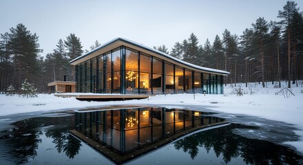 Obraz premium Modern glass chalet with curved roof, reflective ice pond, snowy pine forest, late-afternoon glow.