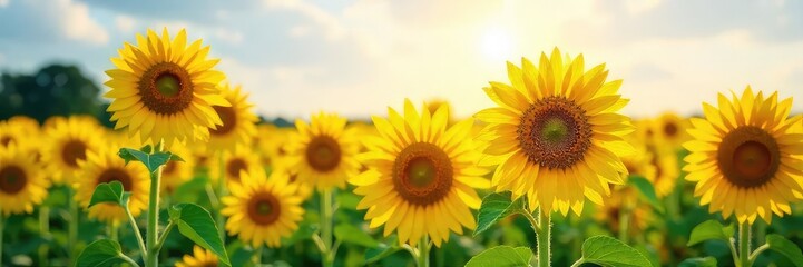 Vibrant yellow oil sunflowers bask in the summer sun, their heavy heads bowing under the weight of ripening seeds  A picturesque scene of agricultural abundance ,  organic,  field,  flowering plant