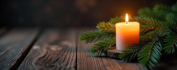Warm candlelight illuminates a cluster of pine branches, casting a soft glow on the rustic wood surface Perfect for holiday, winter, or cozy home decor themes , aroma, texture, tranquility