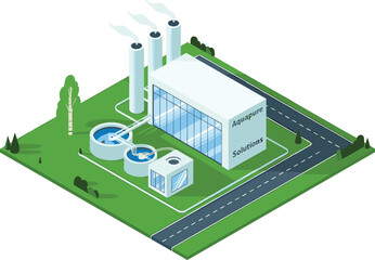 Isometric 3D illustration of modern water treatment plant, clean energy facility, wastewater purification, environmental technology, industrial infrastructure system
