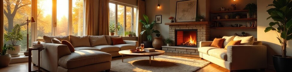 Warm, inviting family living room with comfortable seating, fireplace, and natural light streaming through large windows Perfect for cozy evenings and family gatherings , lighting, stone