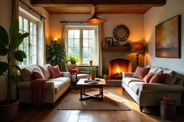 Warm, inviting home interior with cozy lighting, comfortable furniture, and charming decor Perfect for welcoming atmosphere, relaxation, and comfort , bedroom, housewarming, vintage