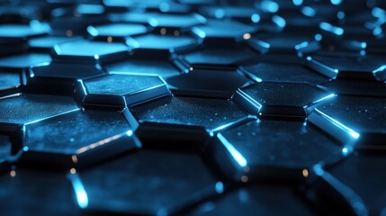 Obraz premium Close-up view of a futuristic, hexagonal, blue-lit surface. A complex pattern of interlocking, polished hexagons. Deep blue color with bright blue highlights. Suggests advanced technology