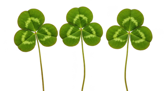 Three vibrant green clover leaves with distinct white markings isolated on transparent background