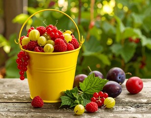 Yellow bucket overflowing with assorted berries?raspberries, gooseberries, red currants?on a rustic wooden table, garden background