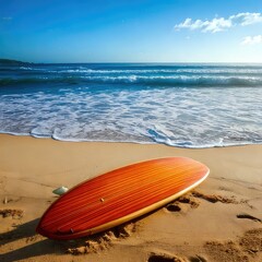 Wooden surfboard on golden beach, calm ocean