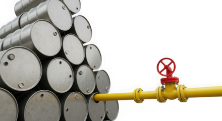 Stack of metal barrels and a yellow gas pipe with a valve isolated on transparent background