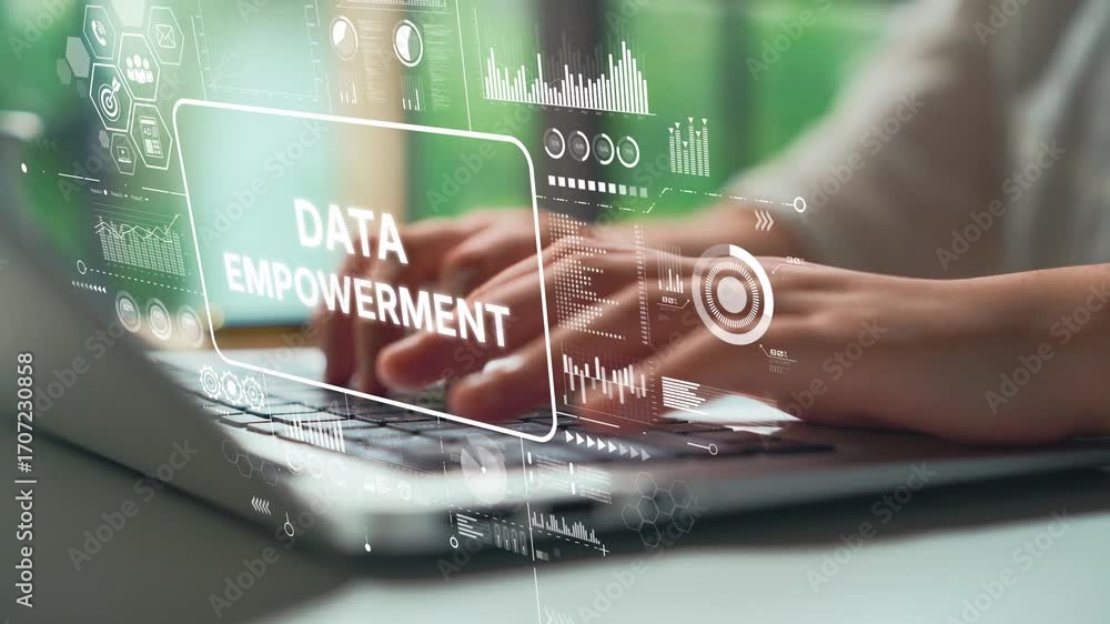 Poster hands typing on laptop with data empowerment concept and visual graphics overlay in modern office en