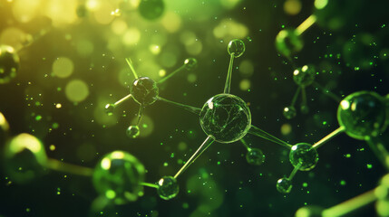 3D green molecules connected by rods on a vibrant background