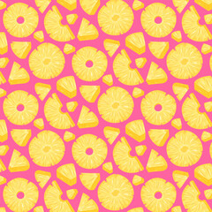 Fototapeta premium Pineapple Rings and Pieces Seamless Pattern. Tropical Summer Design. Vector Illustrations. Pink Background