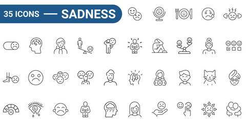 Sadness line editable icon set. Outline icons collection. Icons for mobile app, web. Editable stroke. Vector Illustration.