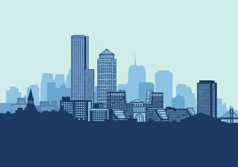 Naklejka premium Modern city skyline with tall buildings and a clear sky.