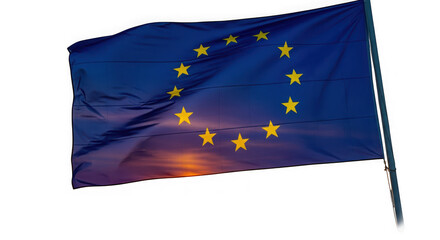 The flag of the european union, with its circle of stars, waving against a sunset sky, isolated on transparent background