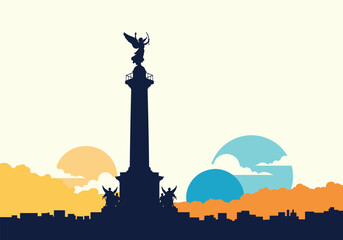 Monumental city skyline at sunrise with artistic sky formations.