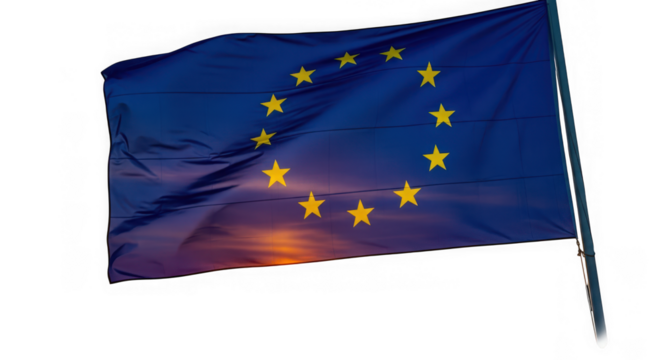 The flag of the european union, with its circle of stars, waving against a sunset sky, isolated on transparent background - Powered by Adobe