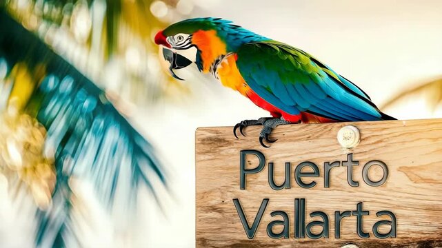 Colorful parrot on Puerto Vallarta beach sign