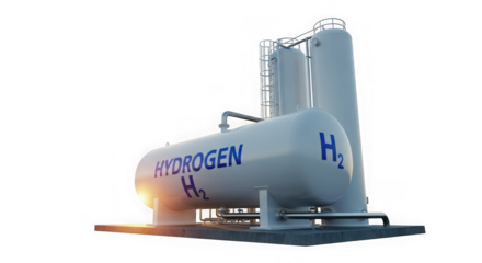 Large industrial hydrogen storage tanks with h2 symbol and the word hydrogen, isolated on transparent background