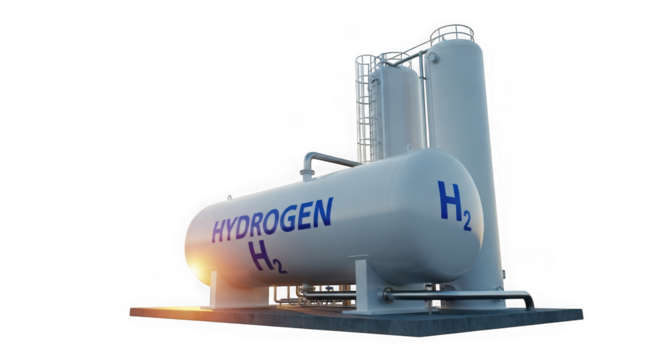Large industrial hydrogen storage tanks with h2 symbol and the word hydrogen, isolated on transparent background