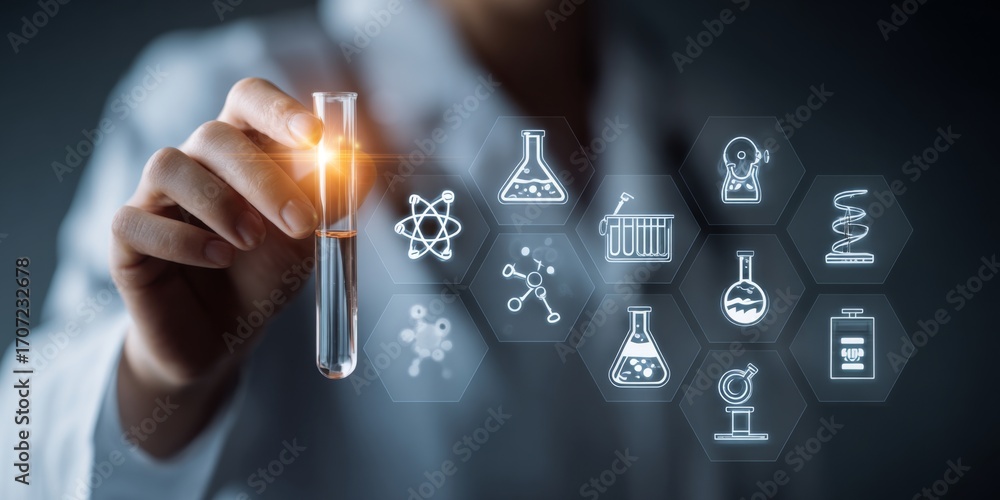 Poster scientist conducting research with test tube and digital laboratory icons displaying diverse scienti