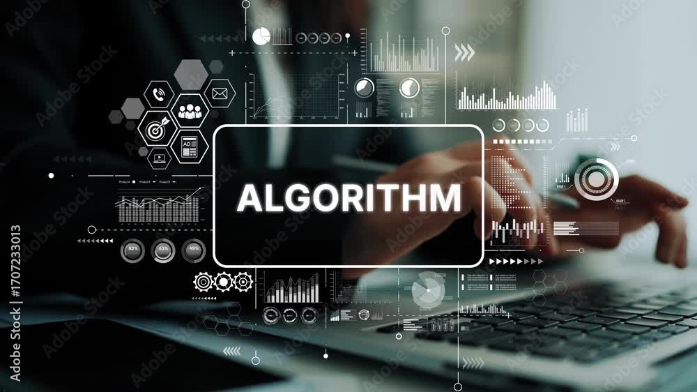 Poster business professional analyzing data with algorithm graphics and charts on laptop in modern office s