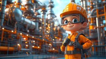 Obraz premium Engineering student on the background of gas processing plant, pipelines, storage tanks. Funny facial expression, 3d style cartoon character