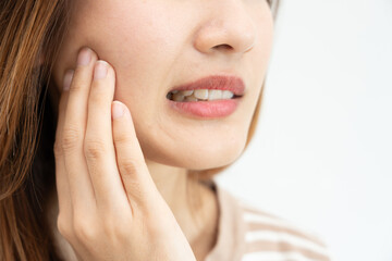 Asian woman feel  toothache from gingivitis, female suffer tooth, decay problems, dental care....