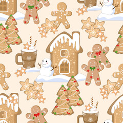 Seamless Pattern of Gingerbread House, Gingerbread Man, Christmas Tree Cookies and Hot Chocolate. A Festive Gingerbread Pattern. Holiday Cheer Vector Illustration with Winter Treats.