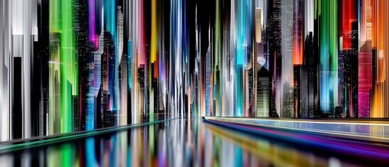 Abstract cityscape with colorful light streaks and reflections