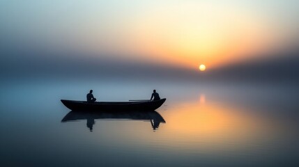 Two figures in a small boat on a calm river at sunrise, silhouetted against a hazy, colorful sky