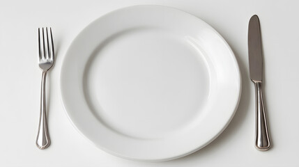 Simple Setting: An Overhead View of a Pristine White Plate with a Polished Fork and Knife on a Clean, Bright Surface