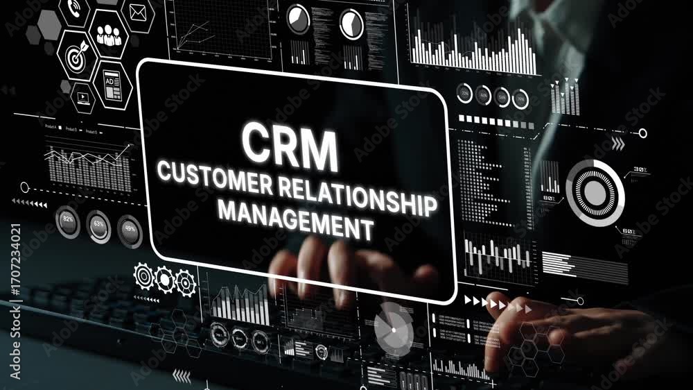Poster modern digital interface showcasing crm concepts and data visualizations for business solutions. asy